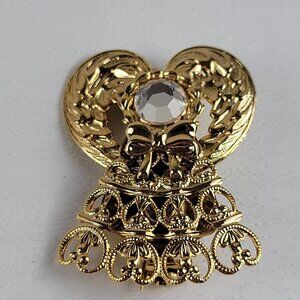Jane 1999 AOL Signed Clear Rhinestone Gold Tone Filigree Angel Pin Brooch 1.25"